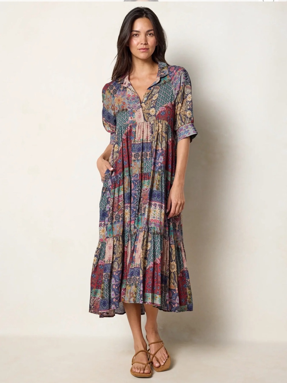 Natural Life Rebecca Midi Dress Patchwork L Floral Rayon Tiered Boho Cottagecore - Picture 8 of 8